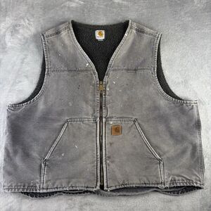 CARHARTT ‎ Vest Men’s 2XL Gray Sandstone Duck Sherpa Lined Vest DISTRESSED Faded